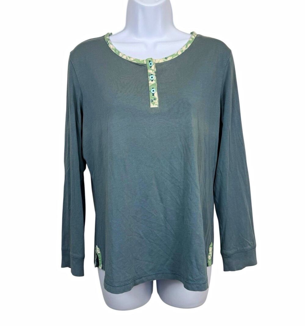 Garnet Hill Womens M Green Henley Top LS Floral Trim Cotton Lounge Shirt